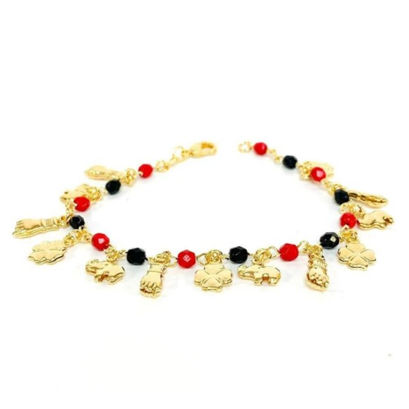 14K Gold Fill Azabache Bracelet Black Red Beads Elephant Bracelet 7.5" Good Luck - Picture 1 of 4